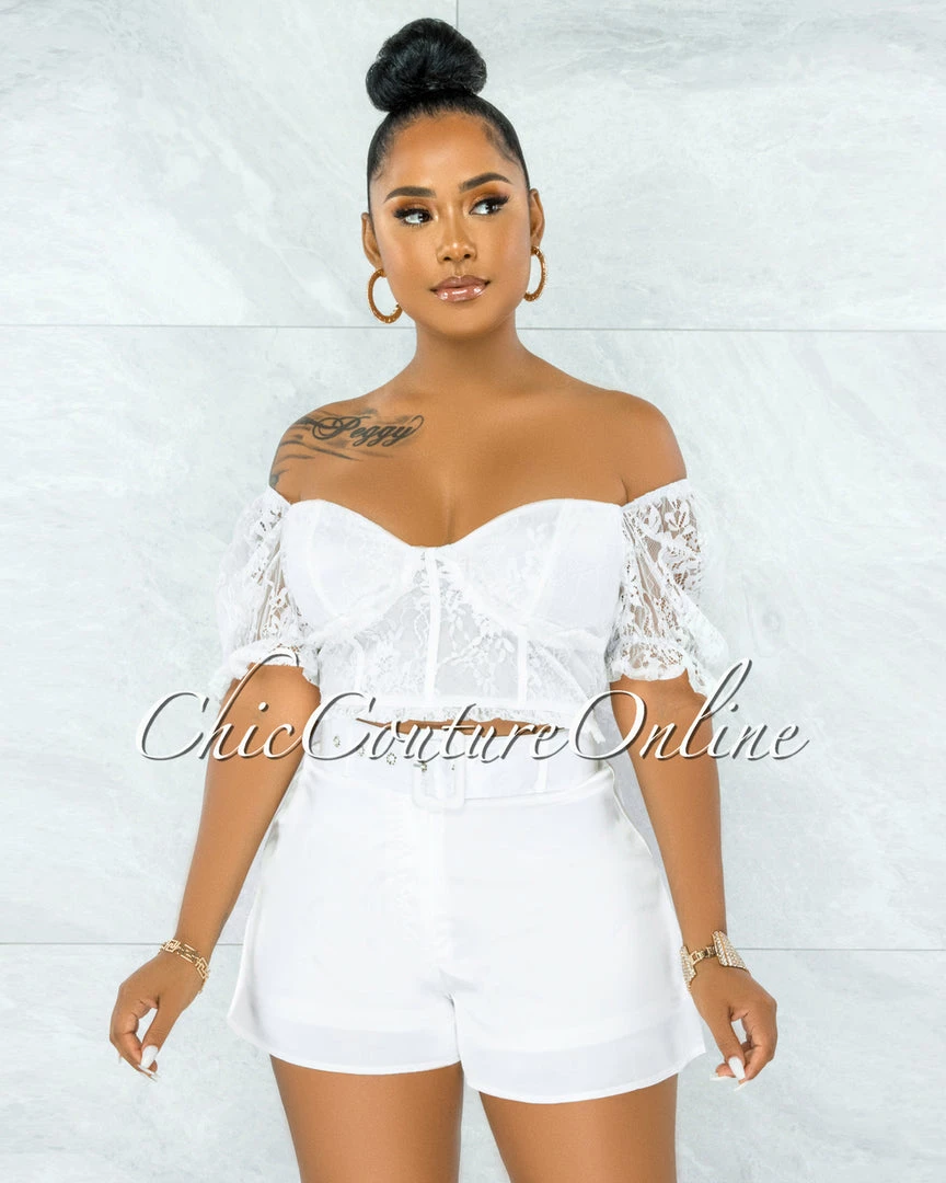 Vendor-unknown Olney White Lace Top & Belted Satin Shorts Set