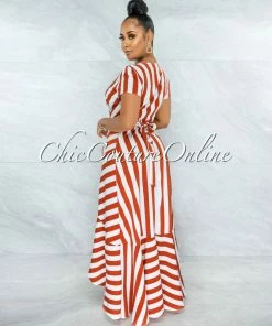 Vendor-unknown Otmar Orange White Stripes Wrap Ruffle Dress