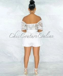 Vendor-unknown Olney White Lace Top & Belted Satin Shorts Set