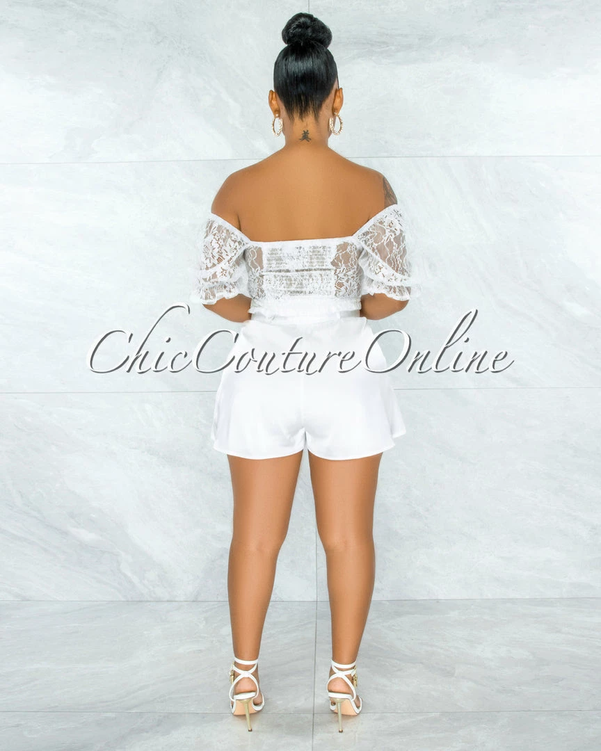 Vendor-unknown Olney White Lace Top & Belted Satin Shorts Set