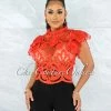 Vendor-unknown Kimane Red See-Through Crochet Ruffle Sleeves Top