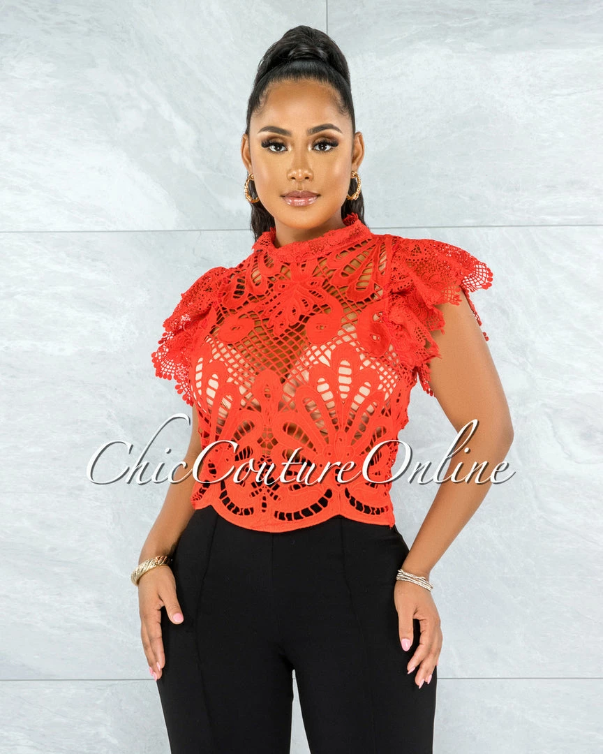 Vendor-unknown Kimane Red See-Through Crochet Ruffle Sleeves Top