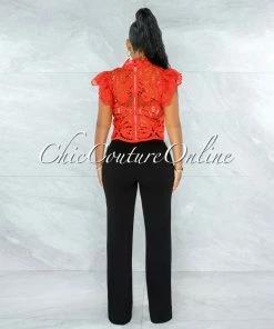 Vendor-unknown Kimane Red See-Through Crochet Ruffle Sleeves Top