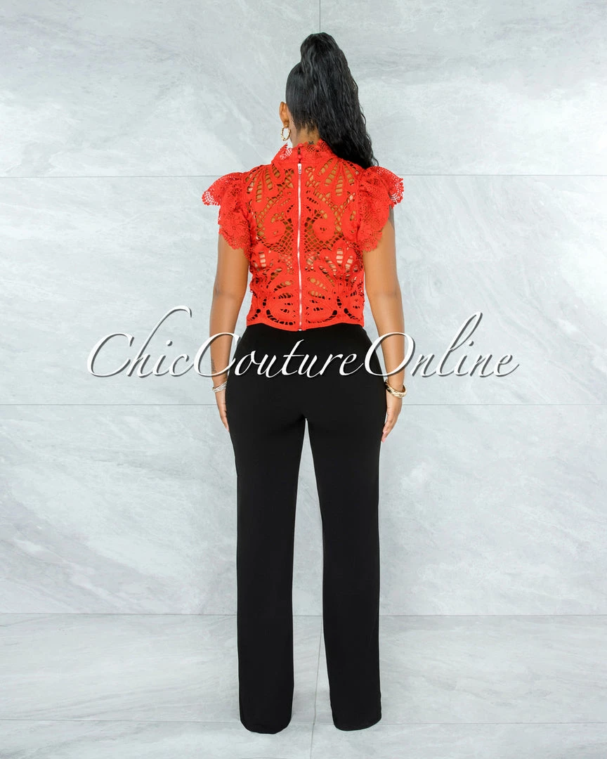 Vendor-unknown Kimane Red See-Through Crochet Ruffle Sleeves Top