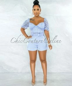Vendor-unknown Olney Baby Blue Lace Top & Belted Satin Shorts Set