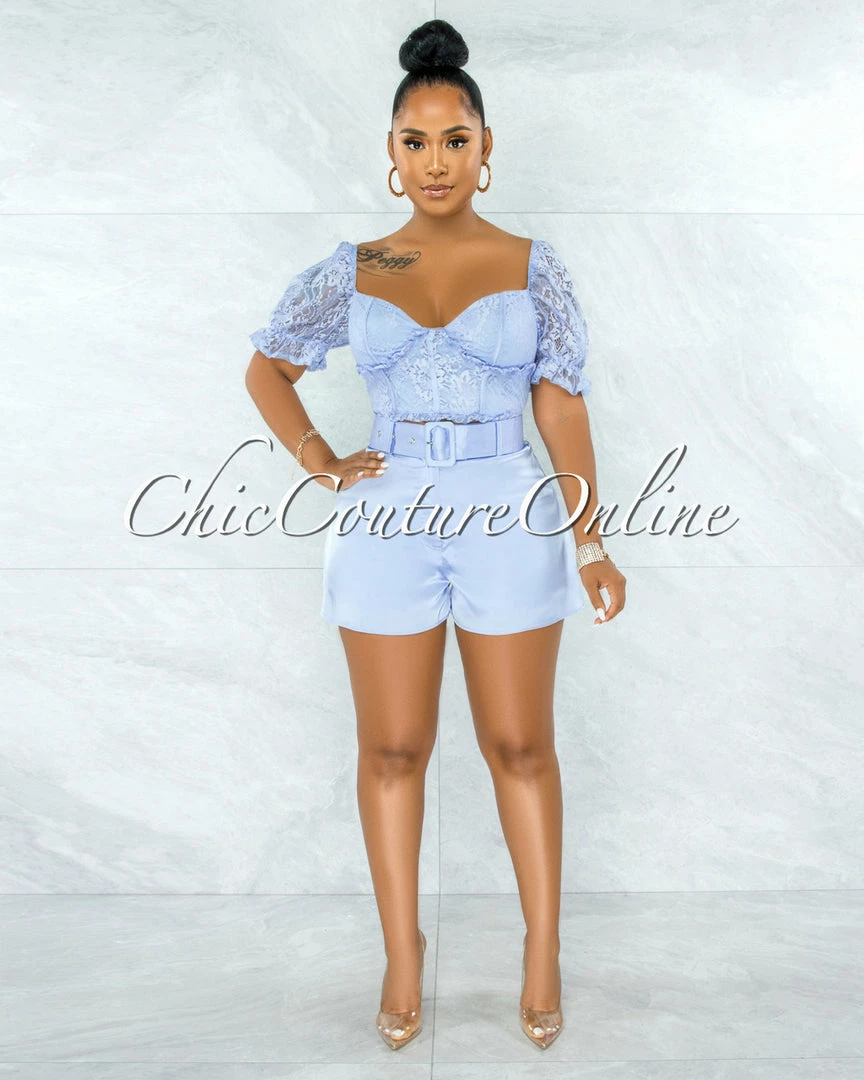 Vendor-unknown Olney Baby Blue Lace Top & Belted Satin Shorts Set