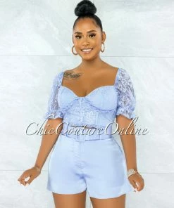 Vendor-unknown Olney Baby Blue Lace Top & Belted Satin Shorts Set