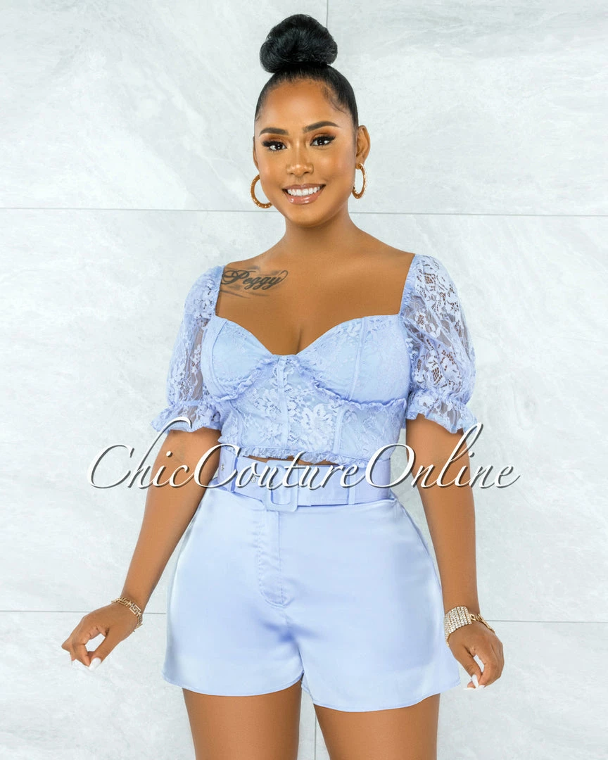 Vendor-unknown Olney Baby Blue Lace Top & Belted Satin Shorts Set