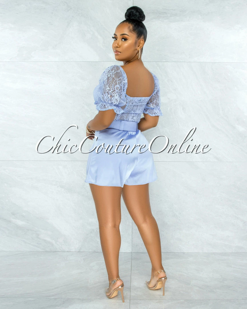 Vendor-unknown Olney Baby Blue Lace Top & Belted Satin Shorts Set