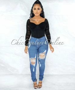 Vendor-unknown JUST IN Darian Black Corset Front Hook Closure Drape Top