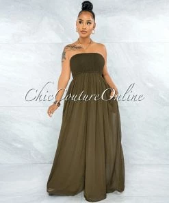 Vendor-unknown Perona Olive Green Smocked Top Jumpsuit