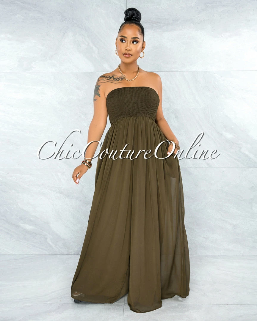 Vendor-unknown Perona Olive Green Smocked Top Jumpsuit