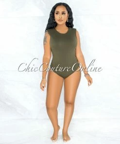 Vendor-unknown Apria Olive Green Padded Shoulders Bodysuit JUST IN