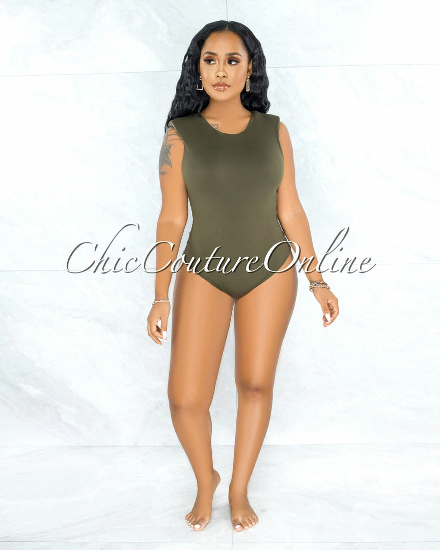 Vendor-unknown Apria Olive Green Padded Shoulders Bodysuit JUST IN