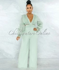 Vendor-unknown Rigel Sage Green Crochet Back Lace-Up Jumpsuit JUST IN
