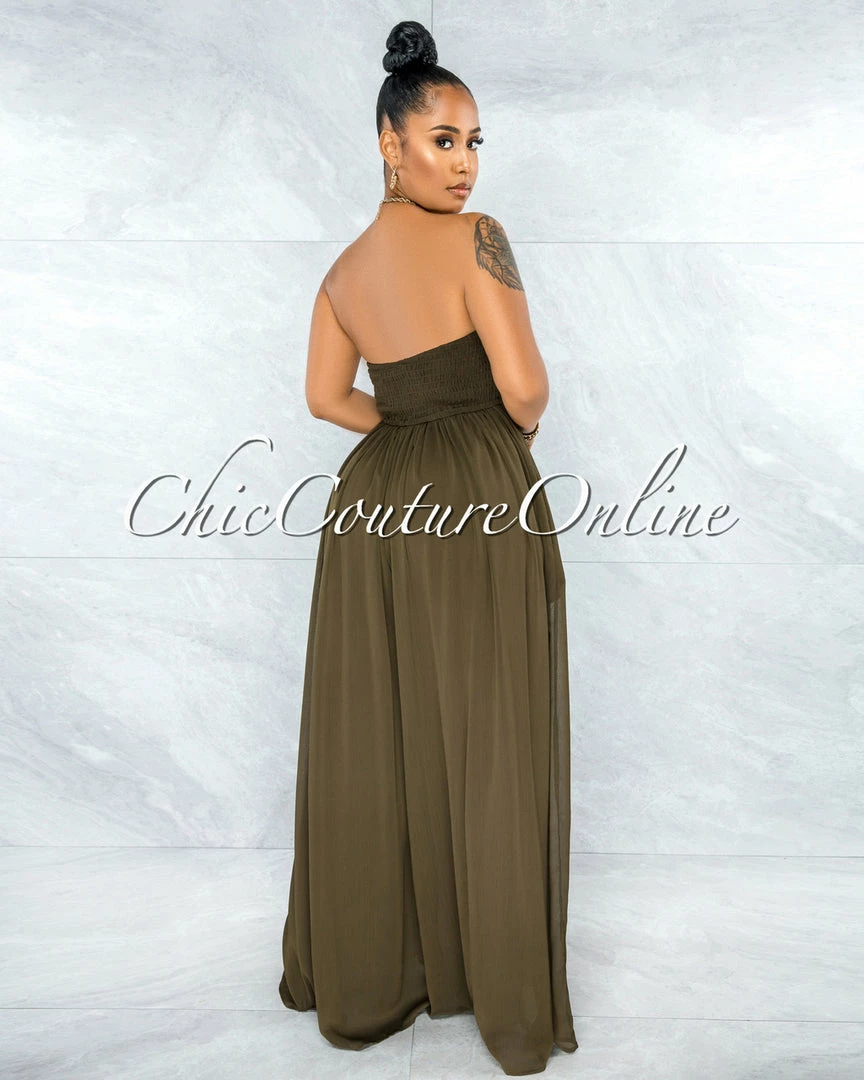 Vendor-unknown Perona Olive Green Smocked Top Jumpsuit