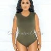 Vendor-unknown Apria Olive Green Padded Shoulders Bodysuit JUST IN