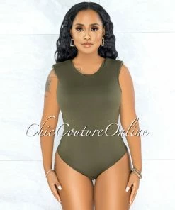 Vendor-unknown Apria Olive Green Padded Shoulders Bodysuit JUST IN
