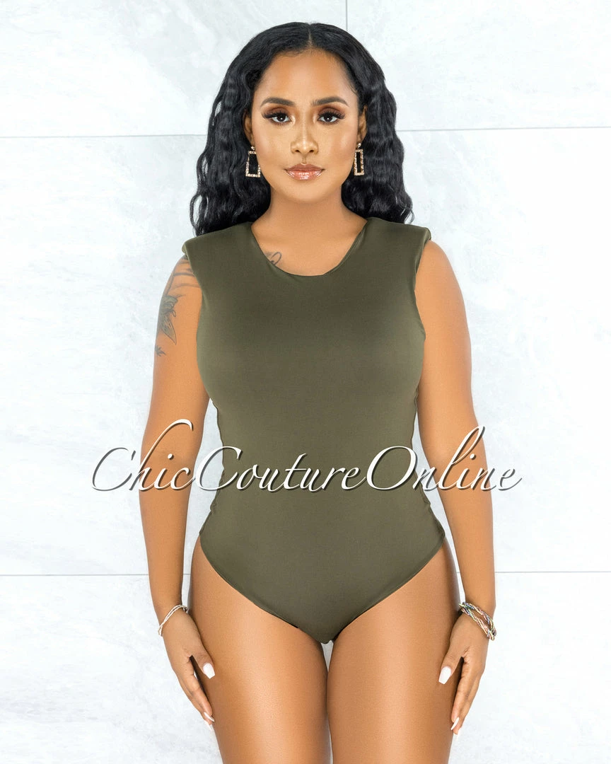 Vendor-unknown Apria Olive Green Padded Shoulders Bodysuit JUST IN