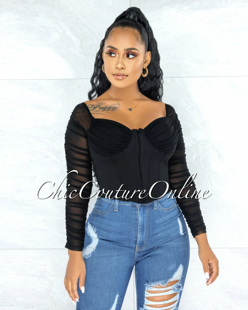 Vendor-unknown JUST IN Darian Black Corset Front Hook Closure Drape Top