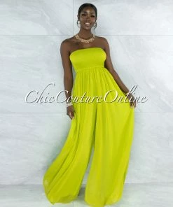 Vendor-unknown Perona Lime Smocked Top Wide Jumpsuit JUST IN