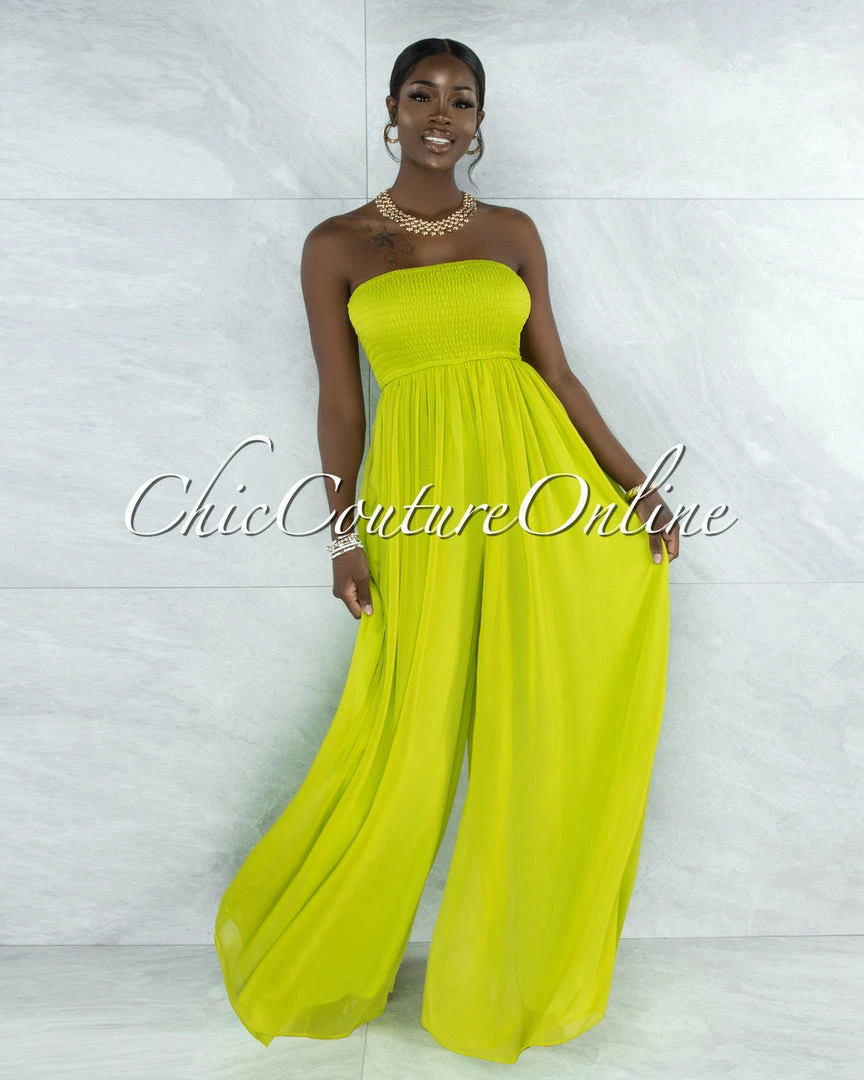 Vendor-unknown Perona Lime Smocked Top Wide Jumpsuit JUST IN