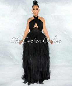 Vendor-unknown Angelica Black Tulle Halter Ruffle Maxi Dress JUST IN
