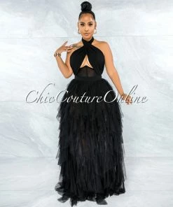 Vendor-unknown Angelica Black Tulle Halter Ruffle Maxi Dress JUST IN