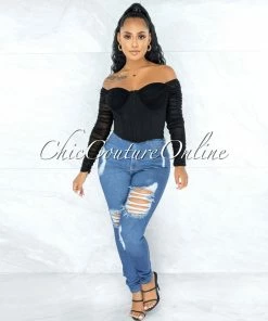 Vendor-unknown JUST IN Darian Black Corset Front Hook Closure Drape Top