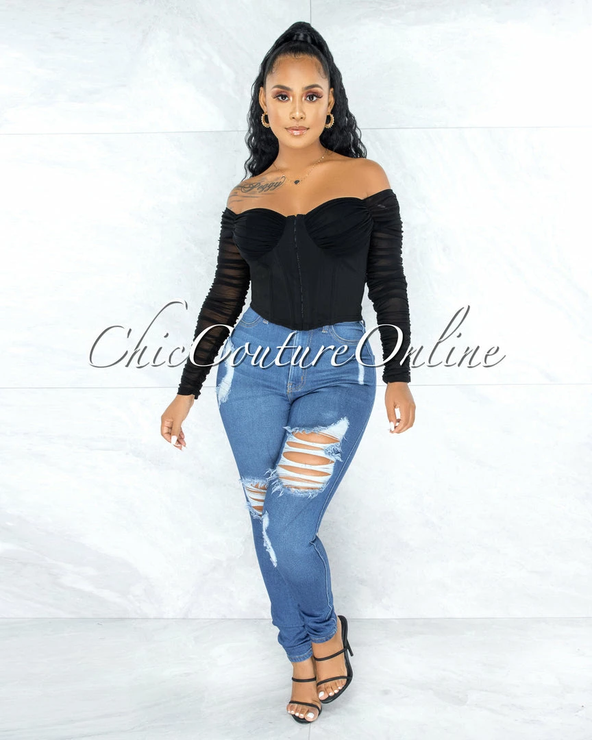 Vendor-unknown JUST IN Darian Black Corset Front Hook Closure Drape Top