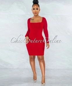 Vendor-unknown JUST IN Unelina Cherry Red Mesh Long Sleeves Dress
