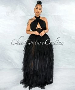 Vendor-unknown Angelica Black Tulle Halter Ruffle Maxi Dress JUST IN