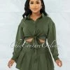 Vendor-unknown Levana Olive Green Front Tie Top & Pleated Mini Skirt Set JUST IN