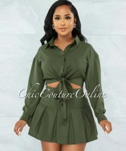 Vendor-unknown Levana Olive Green Front Tie Top & Pleated Mini Skirt Set JUST IN