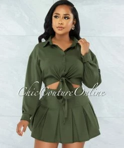 Vendor-unknown Levana Olive Green Front Tie Top & Pleated Mini Skirt Set JUST IN