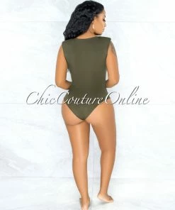 Vendor-unknown Apria Olive Green Padded Shoulders Bodysuit JUST IN