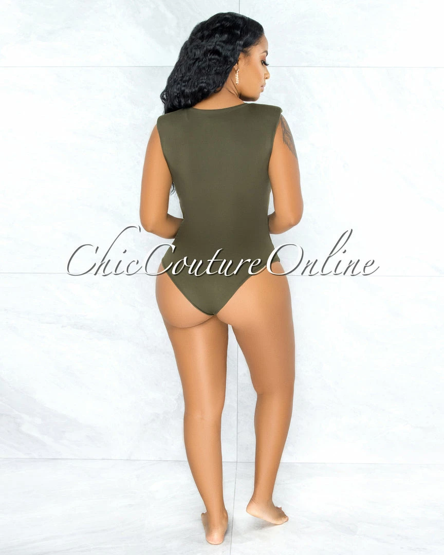 Vendor-unknown Apria Olive Green Padded Shoulders Bodysuit JUST IN