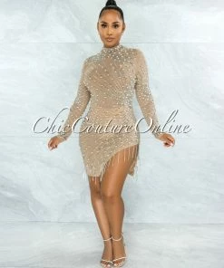 Vendor-unknown Caterina Nude Pearl Rhinestones Fringe Mesh Dress