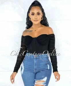 Vendor-unknown JUST IN Darian Black Corset Front Hook Closure Drape Top