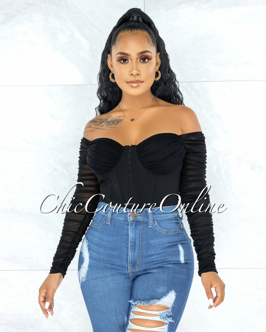 Vendor-unknown JUST IN Darian Black Corset Front Hook Closure Drape Top