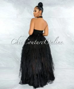 Vendor-unknown Angelica Black Tulle Halter Ruffle Maxi Dress JUST IN
