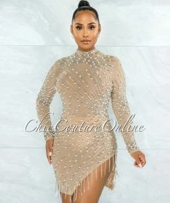 Vendor-unknown Caterina Nude Pearl Rhinestones Fringe Mesh Dress