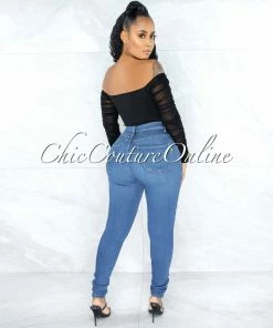 Vendor-unknown JUST IN Darian Black Corset Front Hook Closure Drape Top