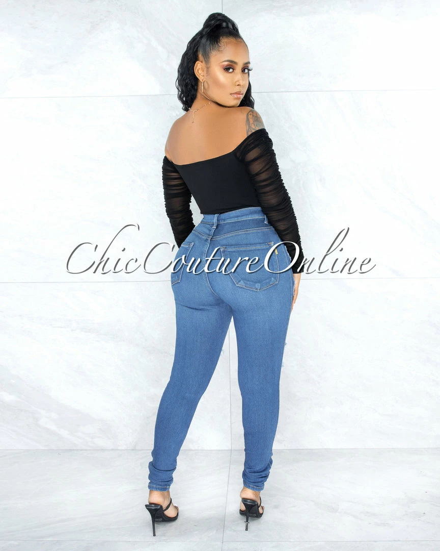 Vendor-unknown JUST IN Darian Black Corset Front Hook Closure Drape Top