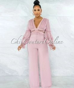 Vendor-unknown Rigel Dusty Pink Crochet Back Lace-Up Jumpsuit