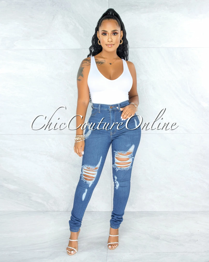 Vendor-unknown Alfreda Medium Denim High-Waist Distressed Skinny Jeans