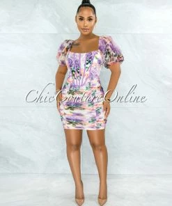 Vendor-unknown JUST IN Jorgina Lilac Floral Print Corset Style Ruched Mini Dress