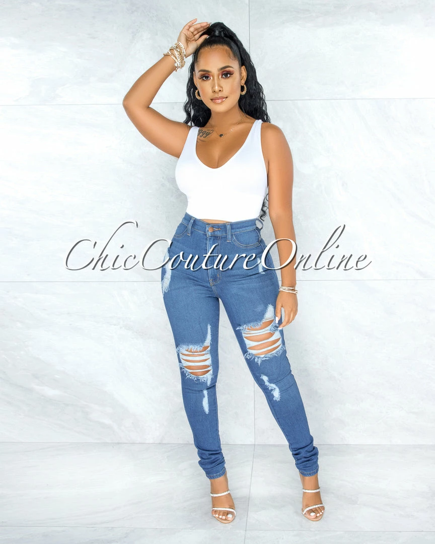 Vendor-unknown Alfreda Medium Denim High-Waist Distressed Skinny Jeans