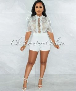 Vendor-unknown Ogenya Off-White Lace Sequins Sheer Top Tulle Sleeves Romper
