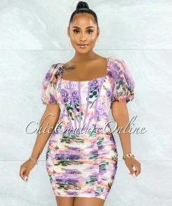 Vendor-unknown JUST IN Jorgina Lilac Floral Print Corset Style Ruched Mini Dress